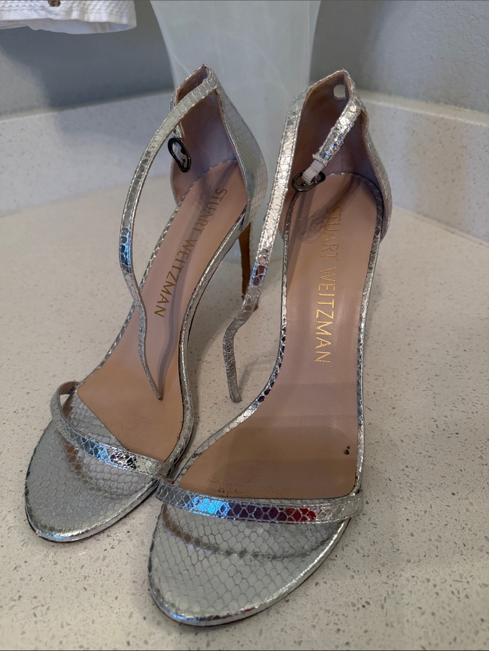 Stuart Weitzman Silver Snake-Embossed Strappy High Heels